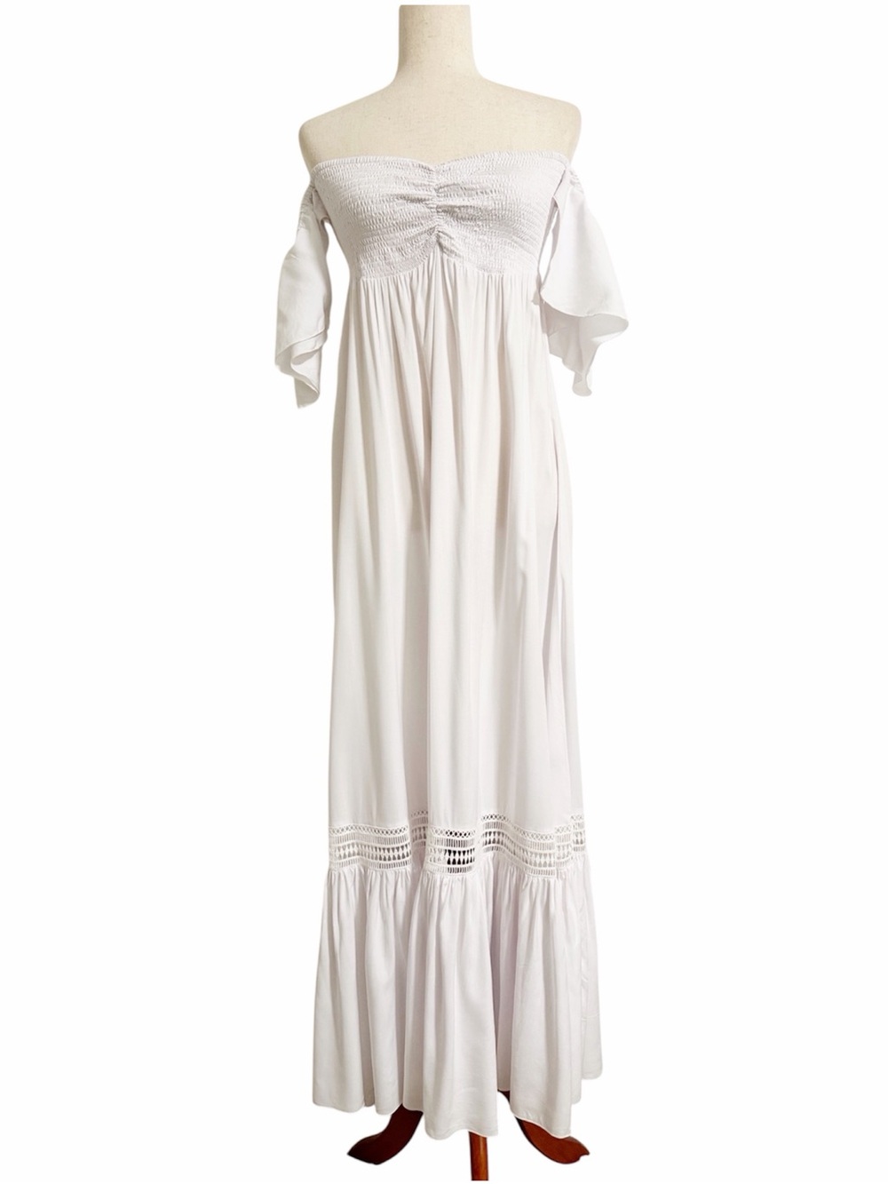NEW Khush Off Shoulder Flutter Sleeve Smocked Open Back Maxi Dress